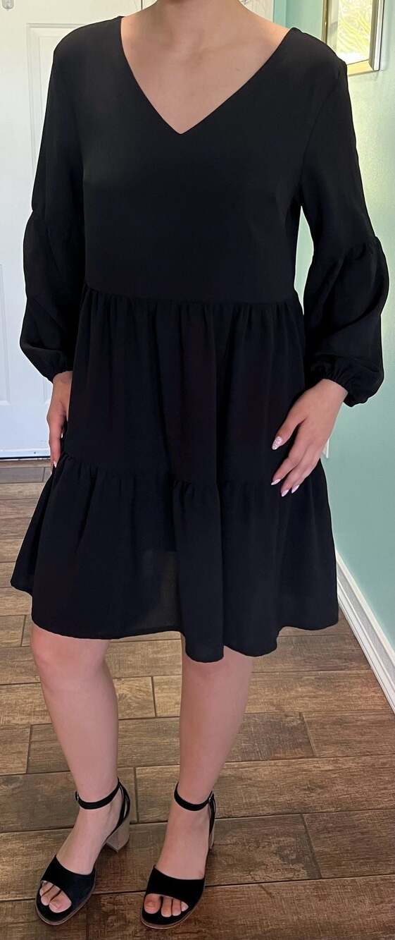 Black V-Neck Tiered Long Sleeve Mini Dress